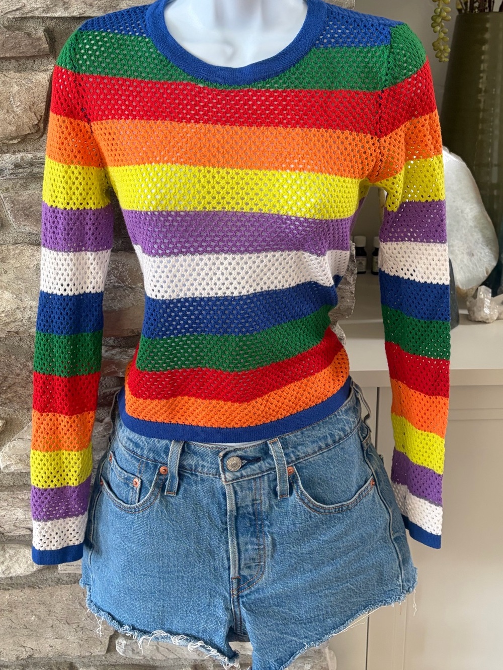 🌈Rainbow Striped Open-Knit Long Sleeve Sweater🏳️‍🌈